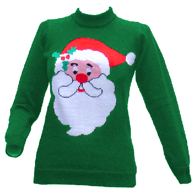 A bright green Santa sweater wearing a bright red Santa hat. green-santa-sweater.gif