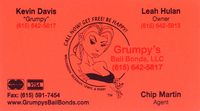 Leah Hulan's business card for Grumpys Bail Bonds. We found it funny that these neon orange business cards were on the counter at a liquor store in Franklin.
