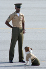 Hummer the mascot standing at attention while looking at his superior officer at the graduation ceremony