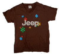 A retro looking Jeep daisies t-shirt for women - brown. jeep-daisies-tshirt.gif