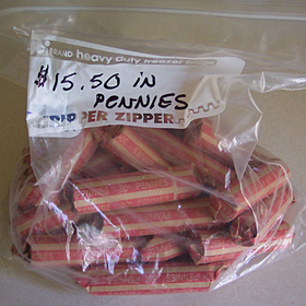 Pennies donated to the American Red Cross.