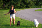 Walking two dogs at the park.