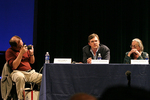 Distinguished panelists from L to R: J.D. Lasica of San Francisco's Our Media is photographing Glenn Reynolds, nationally-known as the Instapundit blogger from Knoxville, TN, and Linda Seebach of Denver Colorodo's Rocky Mountain News.