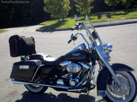 Our motorcycle with fully packed saddlebags and Harley luggage bag on the back. photo by Lynnette at TheFunTimesGuide.com