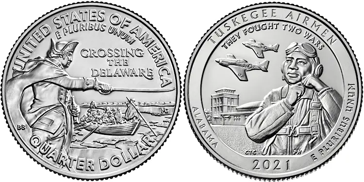 The two 2021 quarters feature the Tuskegee airmen and George Washington crossing the Delaware River. Some 2021 quarters are rare and valuable and worth much more than face value.
