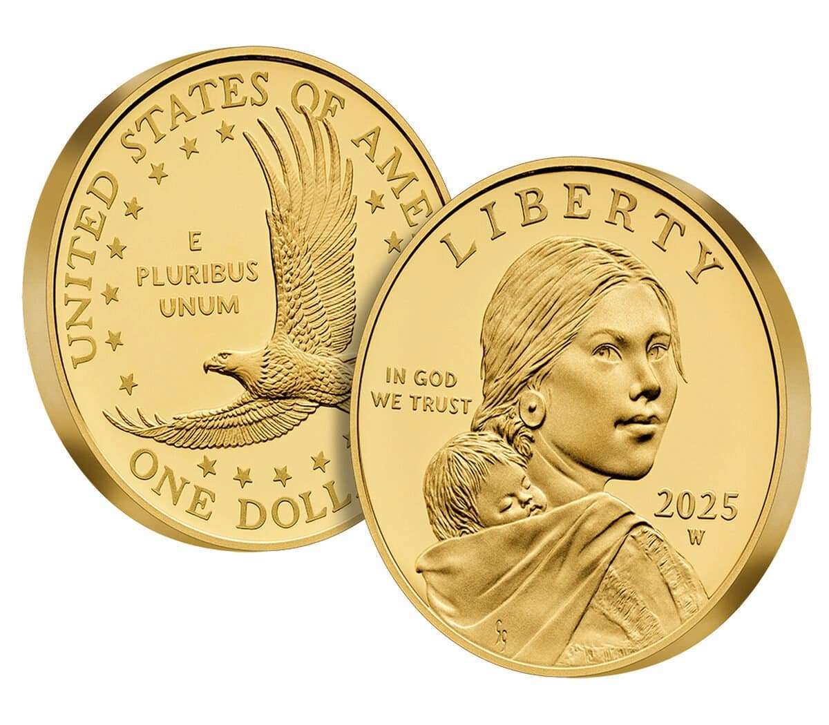 The 2025 gold Sacagawea dollar celebrates the 25th anniversary of the golden dollar.