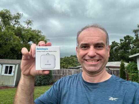 I'm holding the box to the Sainlogic SA3 portable personal home weather station, which I review in this article.