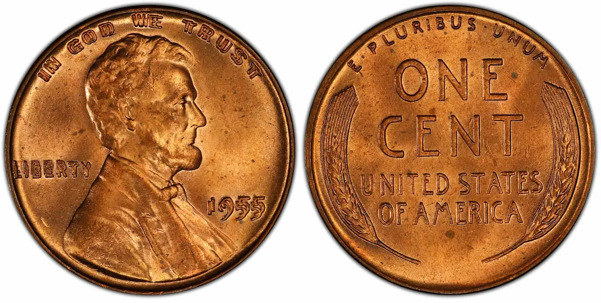 Doubled die pennies like this one from 1955 are rare and valuable, with some worth thousands of dollars.