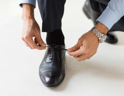 Examples of what colors of mens clothing to wear with a matching black belt and shoes.