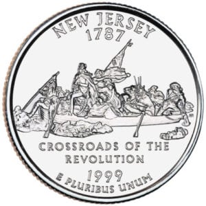 The 1999 New Jersey state quarter features George Washington crossing the delaware.