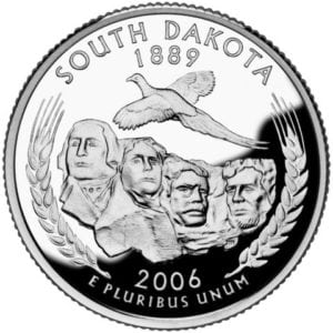 The 2006 South Dakota state quarter features George Washington in the Mount Rushmore rock formation.